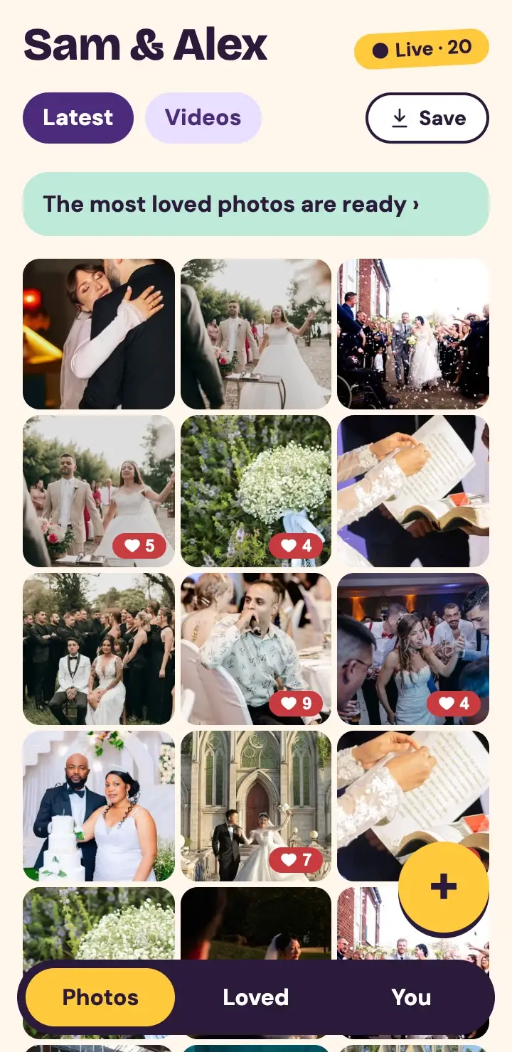 The wedding's gallery on a phone, with the most loved photos ready at the top