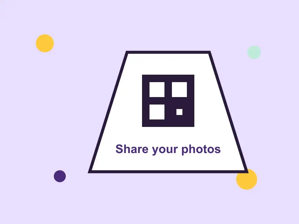A drawing of a table card with a QR code, saying Share your photos